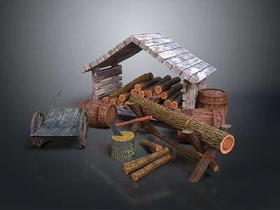 Wood and Stone Rustic Scene with Cabin Stacked Logs Barrels Cart and Stump 3d model