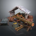 Wood and Stone Rustic Scene with Cabin Stacked Logs Barrels Cart and Stump