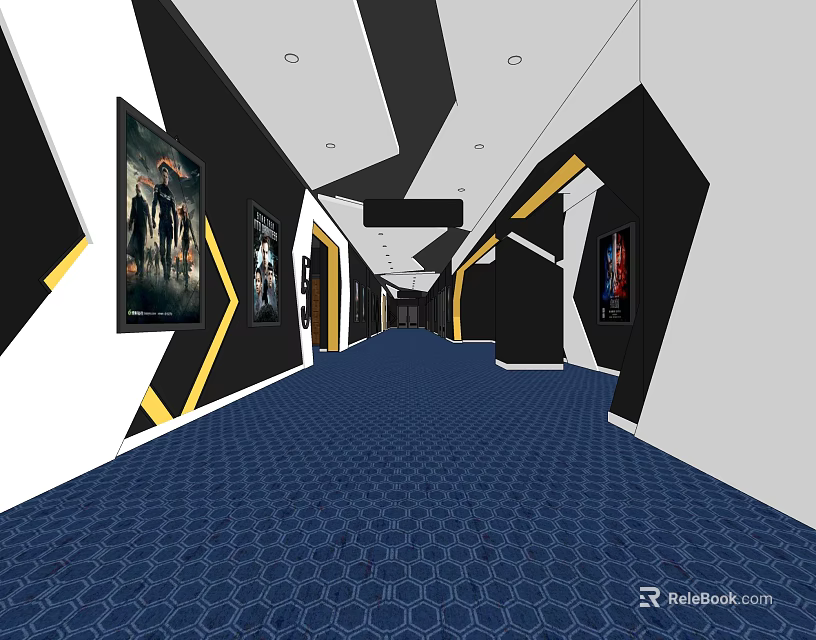 Modern Elevator Hallway Interior With Geometric Wall Design Blue Carpet Ceiling Lighting And Posters 3d model