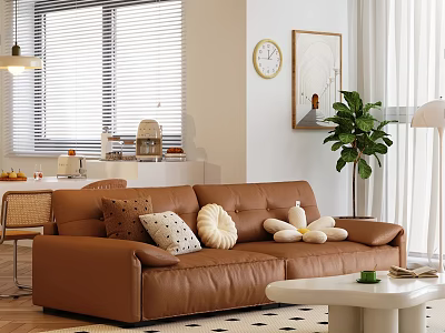 Brown Two Seater Sofa With Cushions In Modern Living Room With Plant And Coffee Table 3d model