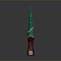 Artistic Decorative Weapon Featuring Green Blade Red Handle And Curved Ivory Like Accents