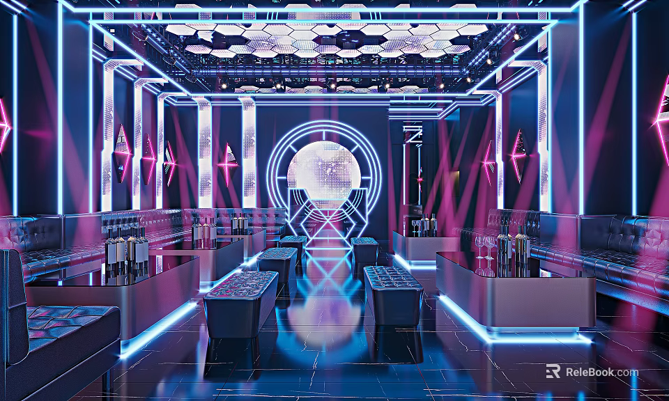 Modern KTV Lounge Interior With Neon Lights Geometric Decor Bar Counter And Seating Area 3d model 