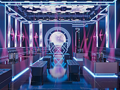 Modern KTV Lounge Interior With Neon Lights Geometric Decor Bar Counter And Seating Area 3d model