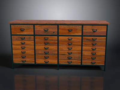Vintage Wooden Storage Cabinet with Multiple Drawers and Metal Handles Design 3d model