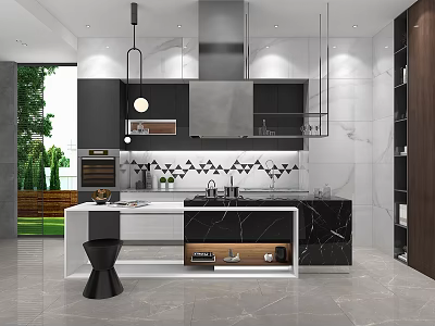Modern Kitchen Interior With Black White Cabinets Marble Countertop Island And Hanging Lights 3d model