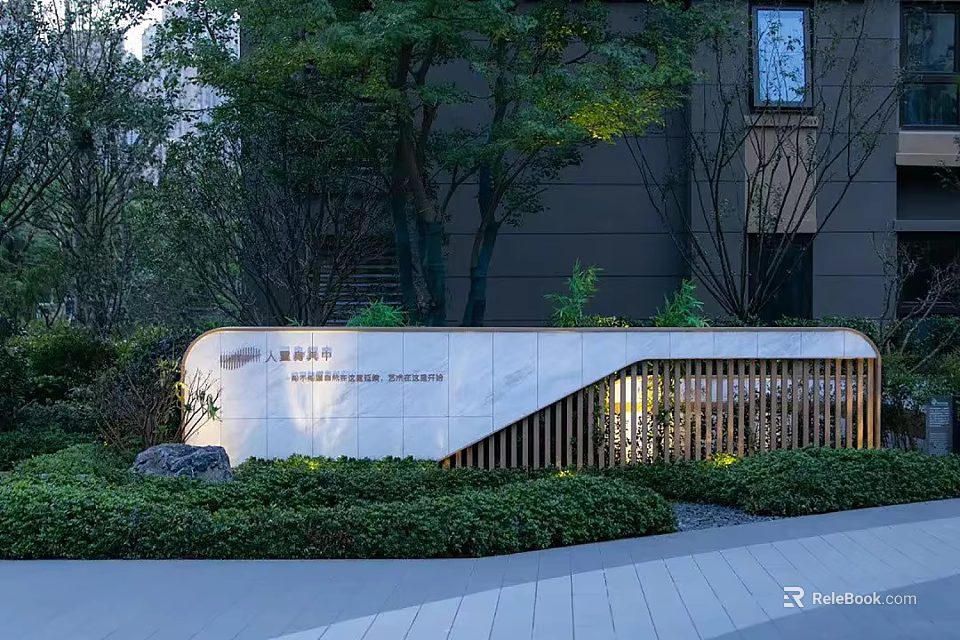 Modern Landscape Feature Wall with Marble Surface Wooden Grilles and Illuminated Greenery Surroundings 3d model 