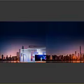 Modern Commercial Equipment Display Setup With Circular Booth Curved Structure And City Backdrop Lighting Effects