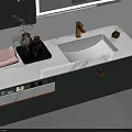 Modern Gray Washbasin Vanity With Mirror Marble Countertop Gold Faucet Green Plant And Wall Lamp