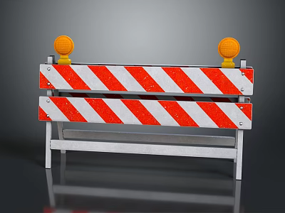 Red White Striped Road Barrier With Yellow Warning Lights And Metal Frame For Traffic Control 3d model