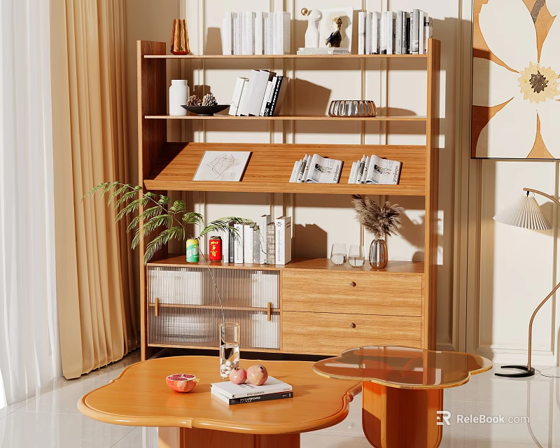 Modern Wooden Bookcase With Multiple Shelves Books Decorative Items And Photo Frames 3d model 