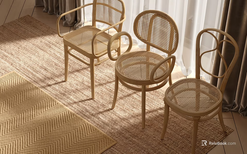Cozy Indoor Rattan Leisure Chairs With Light Wooden Frame Soft Rug And Curtains 3d model 