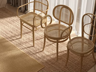Cozy Indoor Rattan Leisure Chairs With Light Wooden Frame Soft Rug And Curtains 3d model