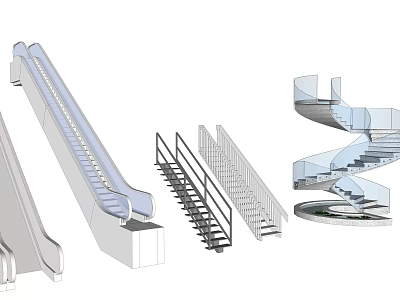 Different Types of Architectural Staircases Including Escalator Spiral and Railing Designs 3d model
