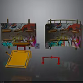 Indoor Skatepark Training Setup With Graffiti Walls Orange Ramp And Red Rails