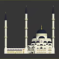 Traditional Mosque Architectural Design With White Blue Domes Tall Minarets And Gold Accents