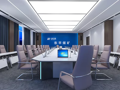 Modern Professional Conference Room Interior With Long Table Gray Chairs And Blue Backdrop 3d model