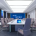 Modern Professional Conference Room Interior With Long Table Gray Chairs And Blue Backdrop