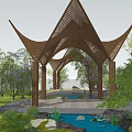 Modern Wooden Landscape Pavilion With Geometric Lattice Roof Water Pond Stone Accents And Surrounding Trees