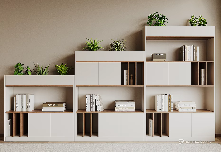 Modern White Filing Cabinet With Bookshelves And Potted Plants For Home Office Storage 3d model 