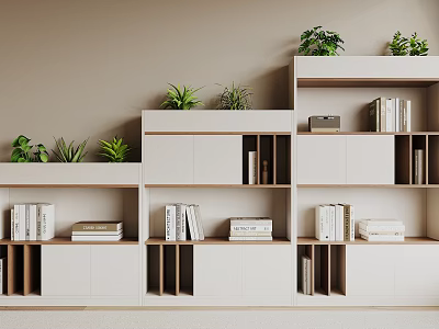 Modern White Filing Cabinet With Bookshelves And Potted Plants For Home Office Storage 3d model