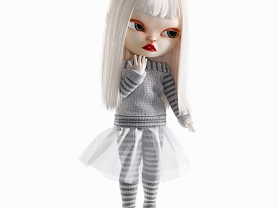 Doll With Long White Hair Big Eyes Gray Striped Knit Sweater And White Tulle Skirt 3d model