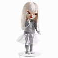 Doll With Long White Hair Big Eyes Gray Striped Knit Sweater And White Tulle Skirt