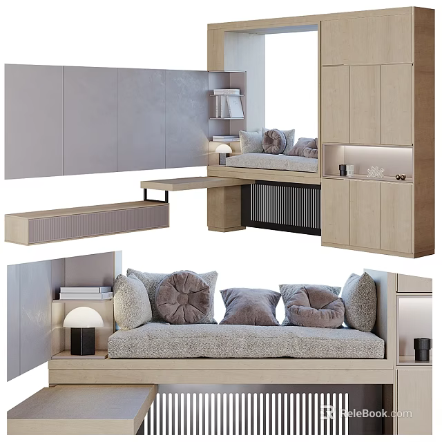 Modern Minimalist Sofa Set With Soft Gray Pillows And Wooden Storage Features 3d model 