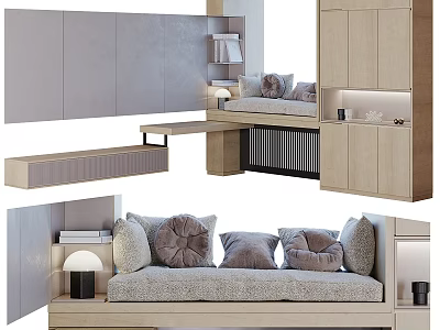 Modern Minimalist Sofa Set With Soft Gray Pillows And Wooden Storage Features 3d model