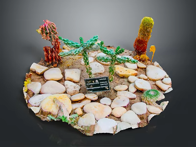 Miniature Desert Landscape Model With Various Stones Green Plants And Colorful Decorations 3d model