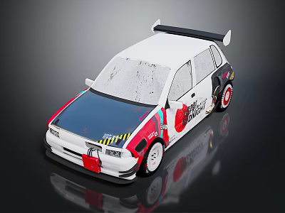 Modified White Rally Car Featuring Black Rear Spoiler Blue Front Section And Colorful Graphics 3d model