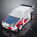 Modified White Rally Car Featuring Black Rear Spoiler Blue Front Section And Colorful Graphics