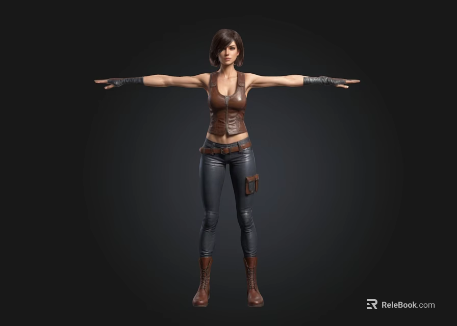 3D Female Character With Brown Vest Black Leather Pants Boots And Outstretched Arms 3d model 