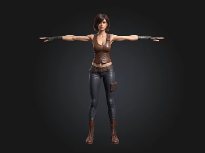 3D Female Character With Brown Vest Black Leather Pants Boots And Outstretched Arms 3d model
