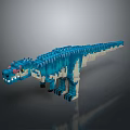Detailed Blue Dinosaur Building Block Model With Red Eyes And Assembled Structure 3d model