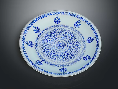Plant Themed Decorative Pattern On Blue And White Ceramic Plate With Intricate Design 3d model