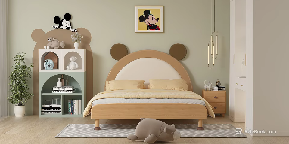 Cute Mickey Themed Kids Bed With Ear Shaped Headboard Stuffed Toys Bookshelf And Pendant Lights 3d model 