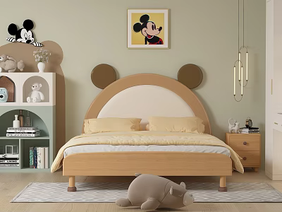 Cute Mickey Themed Kids Bed With Ear Shaped Headboard Stuffed Toys Bookshelf And Pendant Lights 3d model