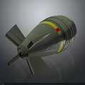 Military Bomb With Green Body Yellow Stripes Metal Tail Fins And Pointed Warhead Structure