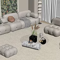 Cozy Modern Living Room With Beige Sofa Armchair Ottoman And Marble Coffee Table