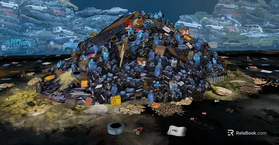 Massive Urban Trash Heap With Black Garbage Bags And Debris 3d model 