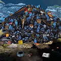 Massive Urban Trash Heap With Black Garbage Bags And Debris