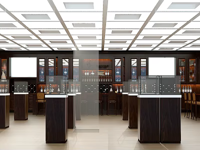 Modern Retail Showroom Interior With Glass Display Cabinets And Wooden Counters 3d model