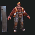 Man In Orange Hard Hat And Brown Overalls Standing By Gray Metal Cabinet