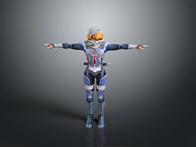 Woman in Blue and White Armor With Helmet Blonde Hair Arms Outstretched Gray Background 3d model