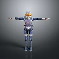 Woman in Blue and White Armor With Helmet Blonde Hair Arms Outstretched Gray Background