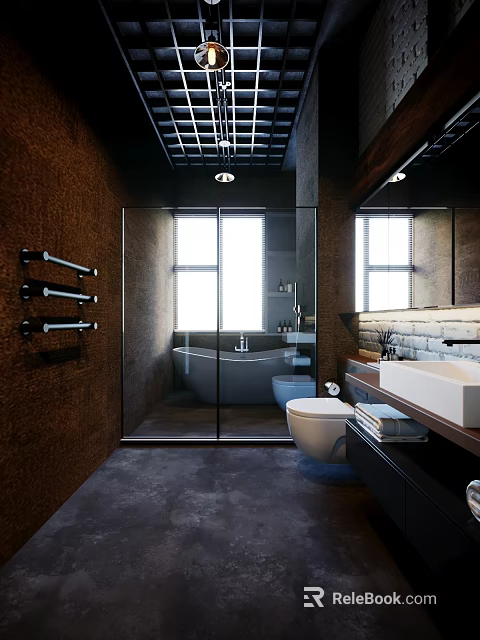Modern Industrial Bathroom With Glass Shower Tub And Toilet 3d model 