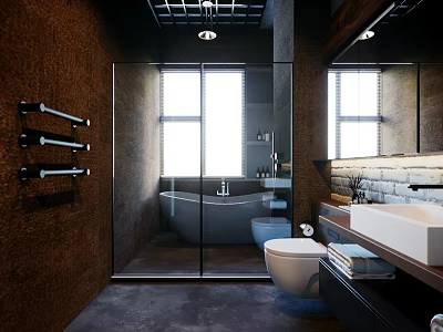 Modern Industrial Bathroom With Glass Shower Tub And Toilet 3d model