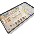 Modern Retail Store Interior With Hanging Banners Shelves And Product Counters