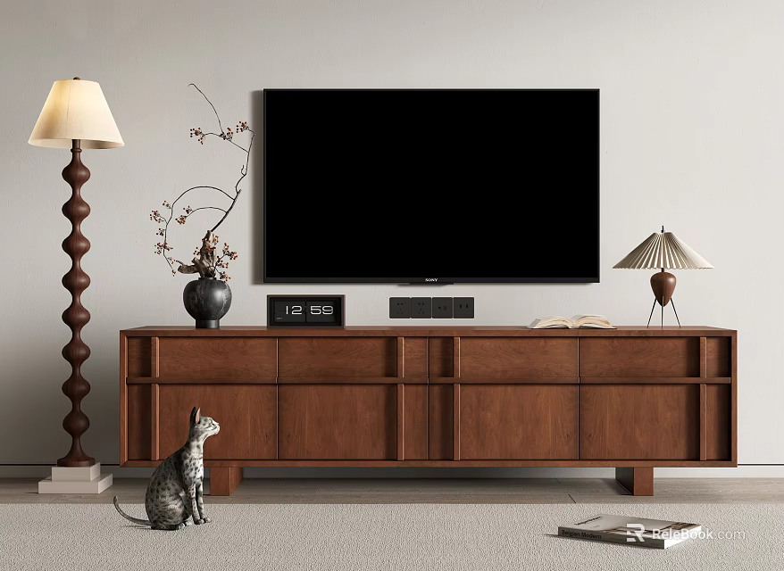 Wooden TV Stand with Flat Screen TV Clock Vase Floor Lamp Table Lamp and Cat 3d model 