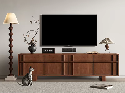 Wooden TV Stand with Flat Screen TV Clock Vase Floor Lamp Table Lamp and Cat 3d model